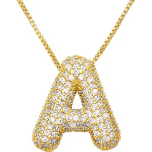 18K Bubble Letter Necklace Gold for Women, Initial Necklaces Rhinestone Chunky Bubble Letter Necklace as Birthday Gifts Charm Puff Name Pendant Alphabet Necklaces Non Tarnish Gold Plated Jewelry