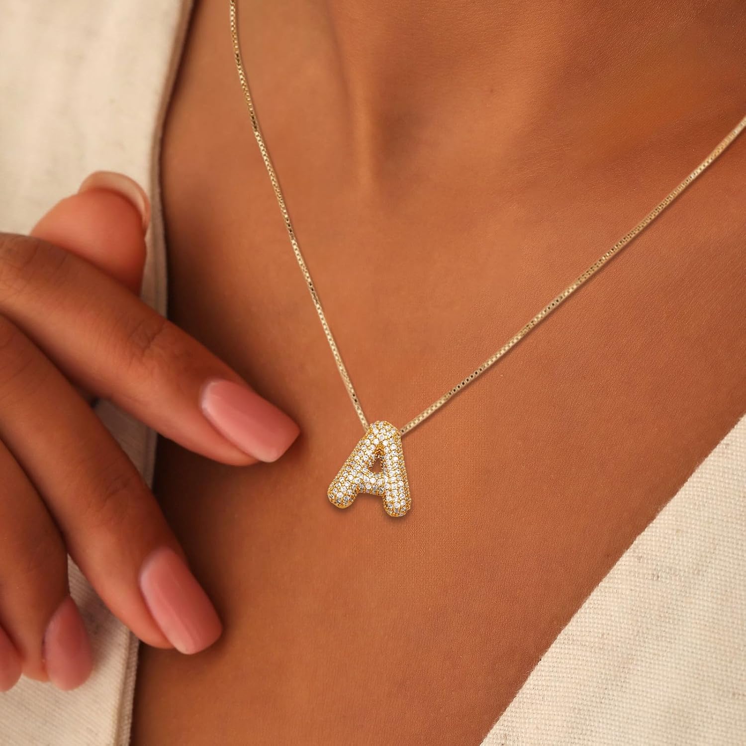 18K Bubble Letter Necklace Gold for Women, Initial Necklaces Rhinestone Chunky Bubble Letter Necklace as Birthday Gifts Charm Puff Name Pendant Alphabet Necklaces Non Tarnish Gold Plated Jewelry - Image 3