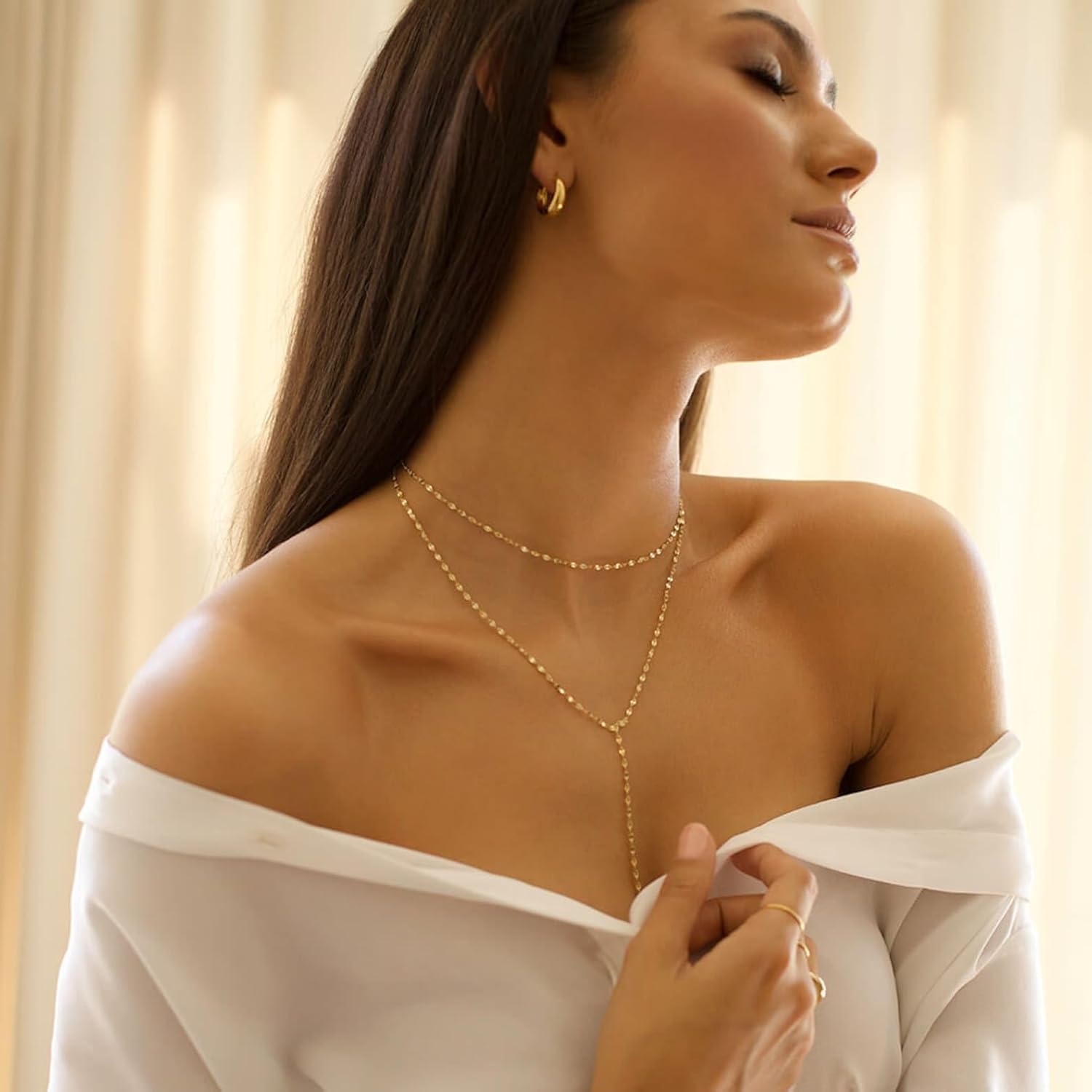 Lariat Gold Necklace for Women Dainty Long 14K Gold Plated Y-Shaped Body Chain Choker Necklace Trendy Non Tarnish Pendant Simple Layered Necklaces Gold Jewelry for Women Set Gift - Image 8